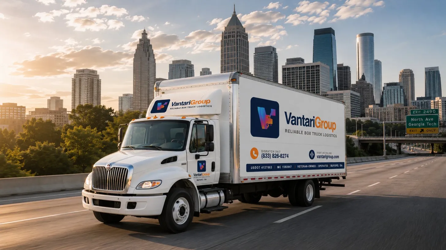 Vantari Group branded box truck on the highway with Atlanta skyline